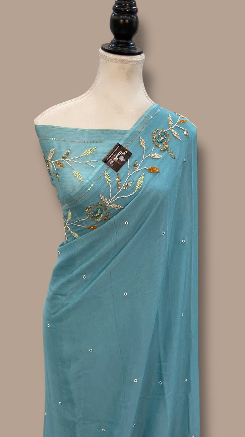 Pure Georgette Handloom Banarasi Saree with Handwork: Zardozi, Diamond Chain and Katdana - The Handlooms