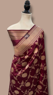 Wine Maroon Pure Chiniya Silk Khaddi Handloom Banarasi Saree - The Handlooms