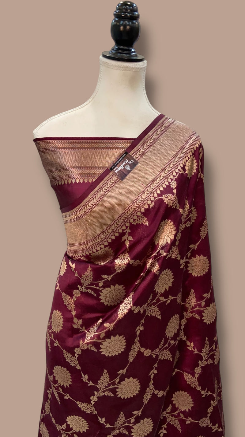 Wine Maroon Pure Chiniya Silk Khaddi Handloom Banarasi Saree - The Handlooms