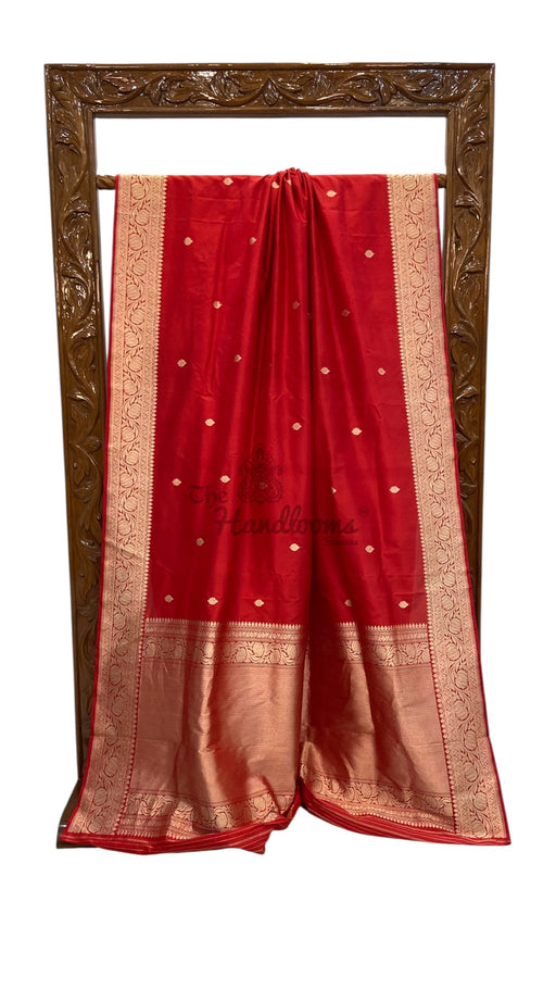 Red Pure Katan Silk Banarasi Handloom Saree - All Over Kadua Motifs - The Handlooms