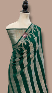 Dark Green Pure Chiniya Silk Handloom Banarasi Saree - The Handlooms