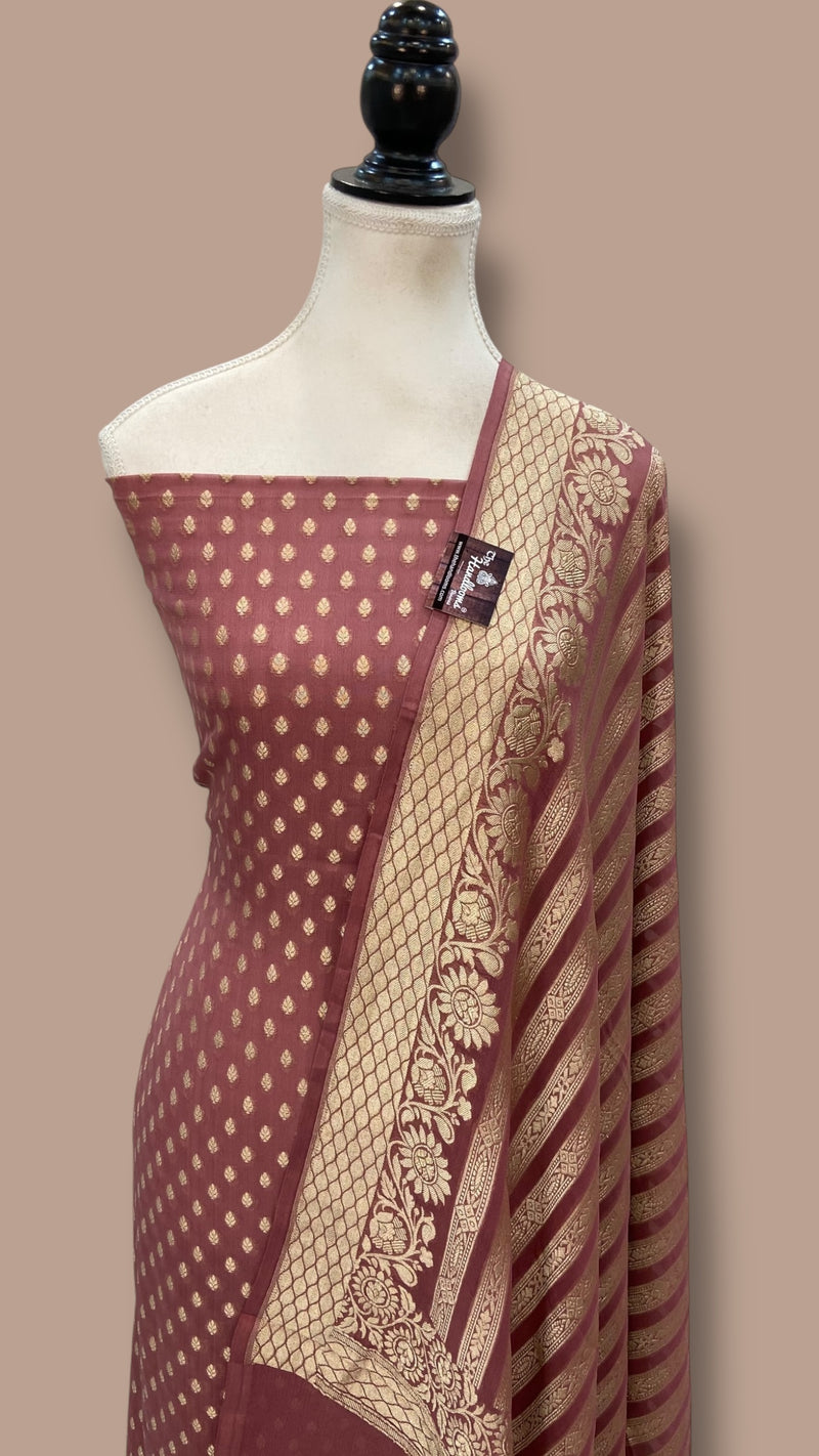 Dusty Rose Pink Khaddi Georgette Banarasi Dress material Water Zari - The Handlooms