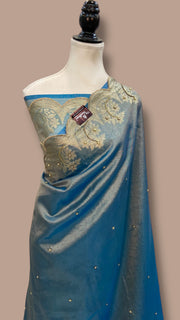 Sky Blue Pure Kora Tissue Handloom Banarasi Saree - Handwork - The Handlooms