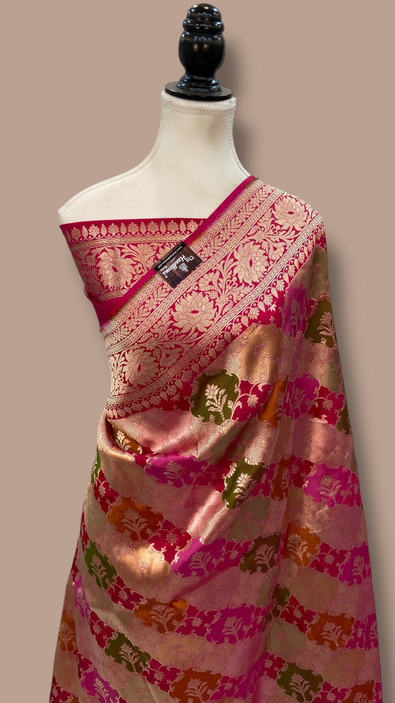 Multicolor Pure Katan Silk Banarasi Handloom Saree - All over Jaal Work With Rangkart - The Handlooms