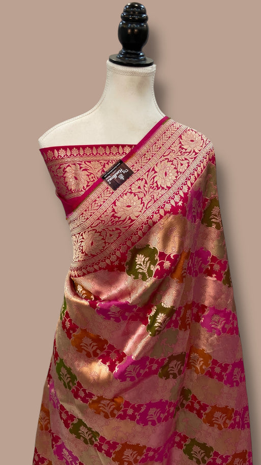 Multicolor Pure Katan Silk Banarasi Handloom Saree - All over Jaal Work With Rangkart - The Handlooms