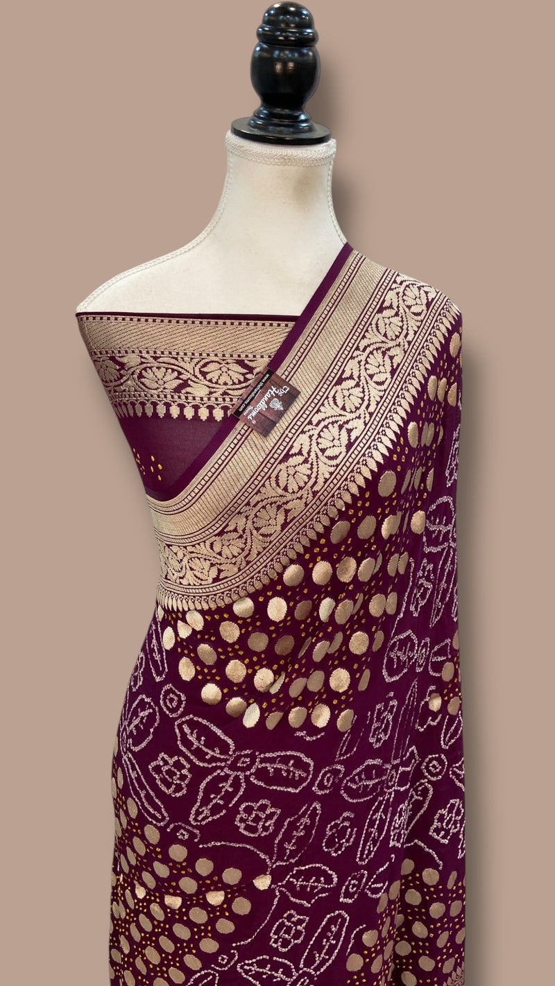 Pure Georgette Banarasi Bandhej Handloom Saree - Water Zari - The Handlooms