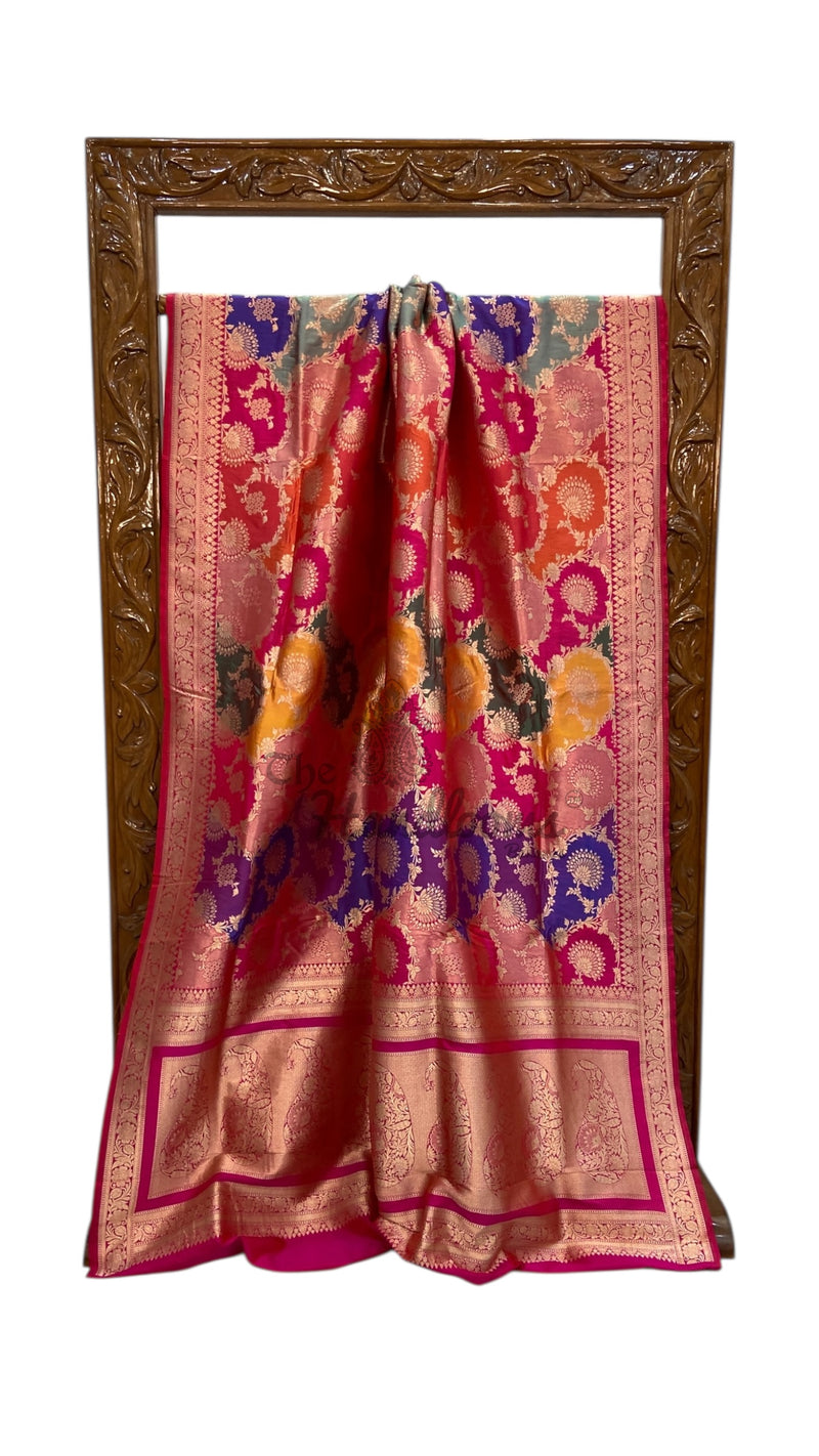 Multicolor Pure Katan Silk Banarasi Handloom Saree - All over Jaal Work With Rangkart