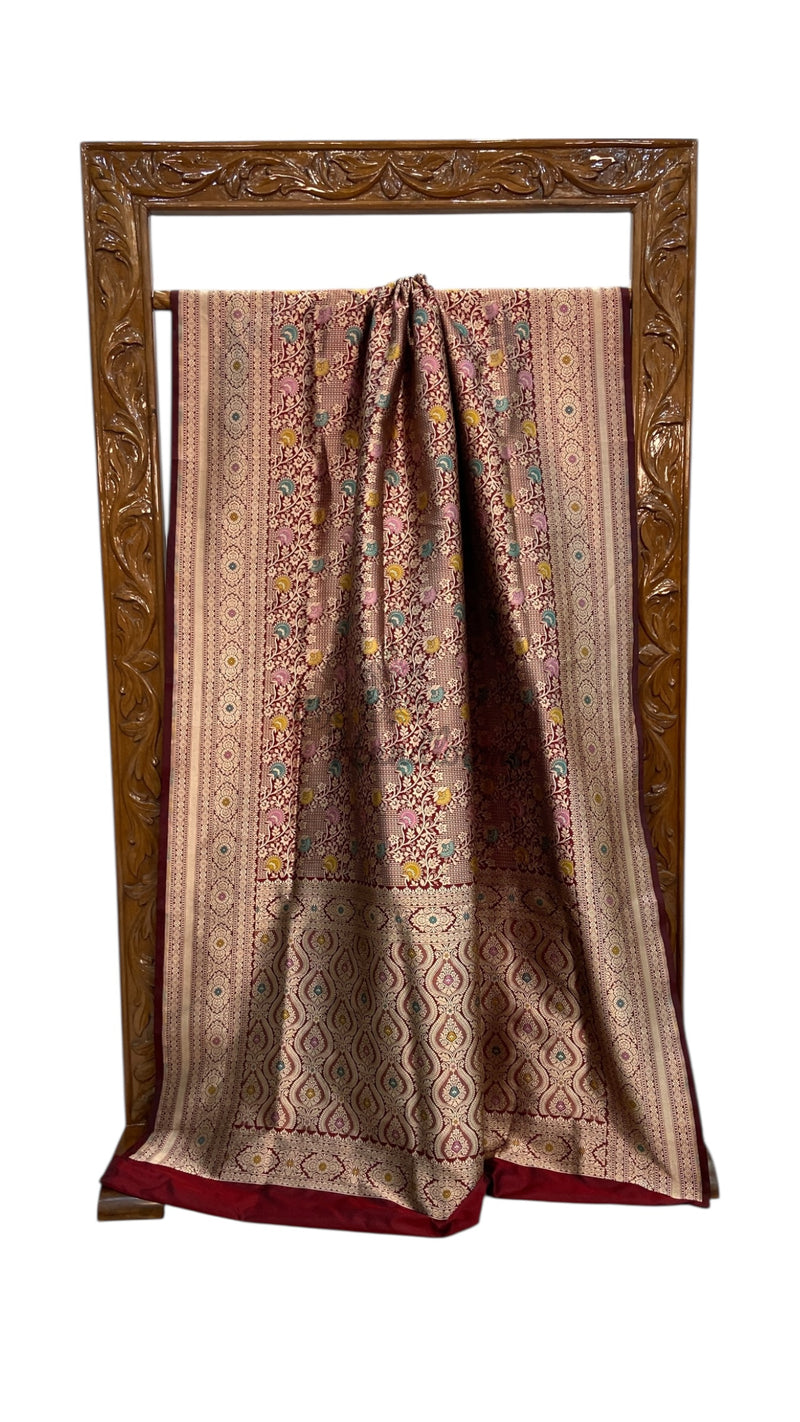 Regal Pure Katan Silk Banarasi Saree – Handwoven Tanchui Brocade with Meenakari Work - The Handlooms