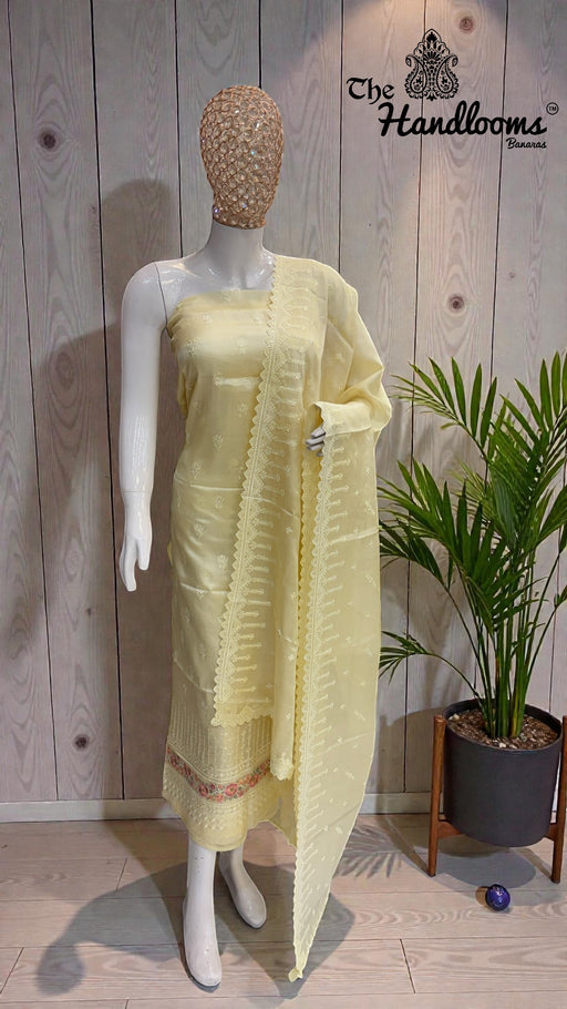 Pure Tussar Chikankari Handloom Banarasi Dress Material - The Handlooms