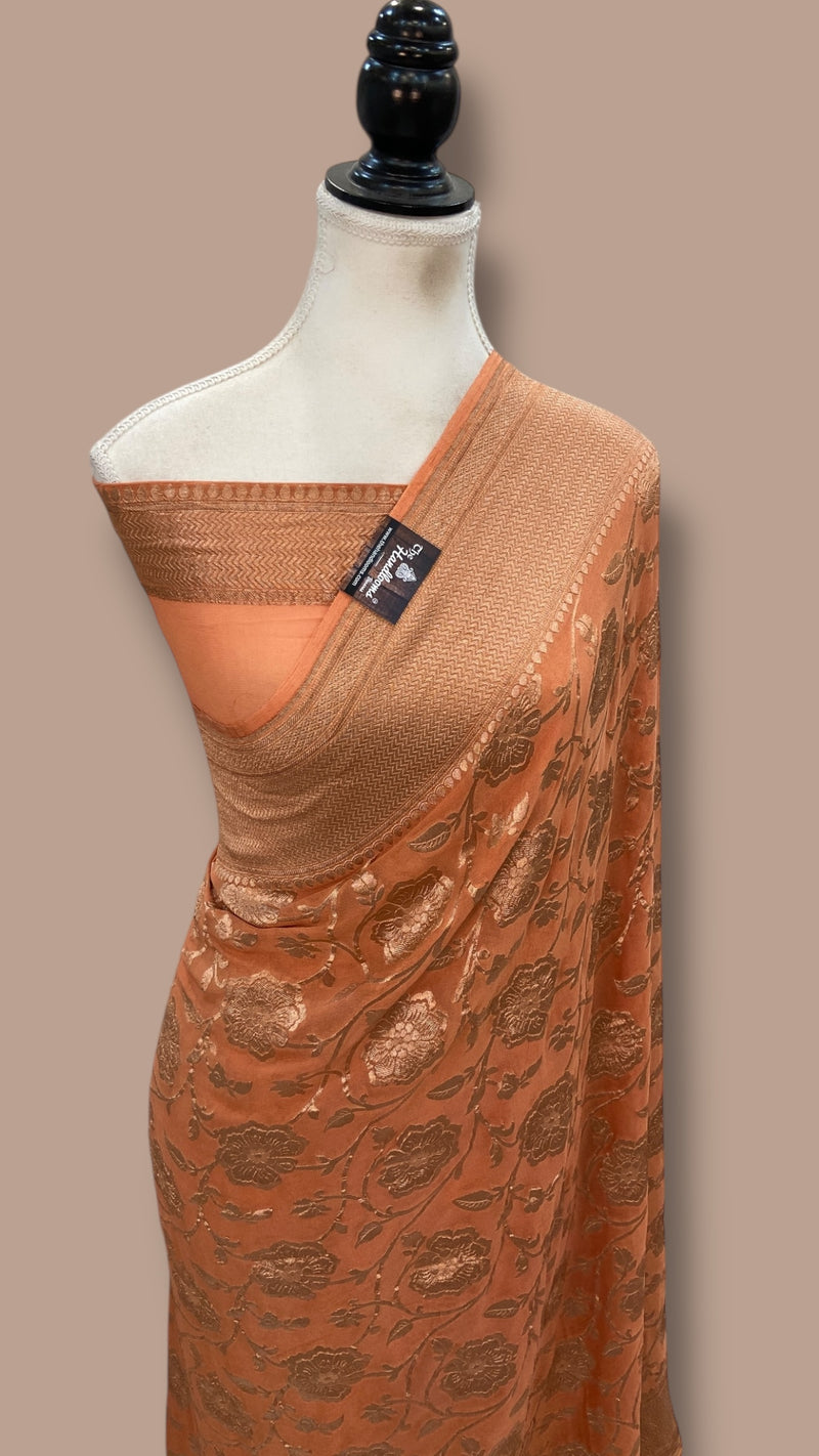 Pure Khaddi Georgette Handloom Banarasi Saree - Copper Zari