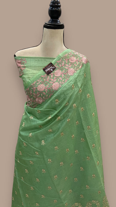 Tussar Silk Handloom Banarasi Saree With Chikankari