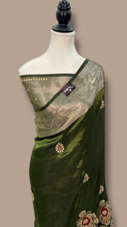 Pure Kora  Handloom Banarasi Saree with zardosi and cut dana Handwork - The Handlooms