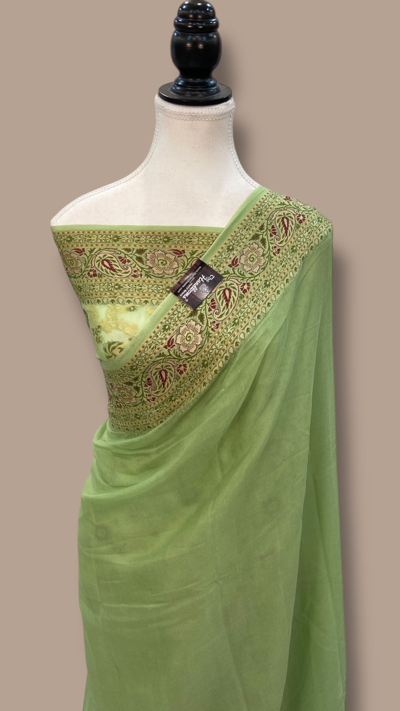 Pista Pure Chiffon Khaddi Banarasi Saree - The Handlooms