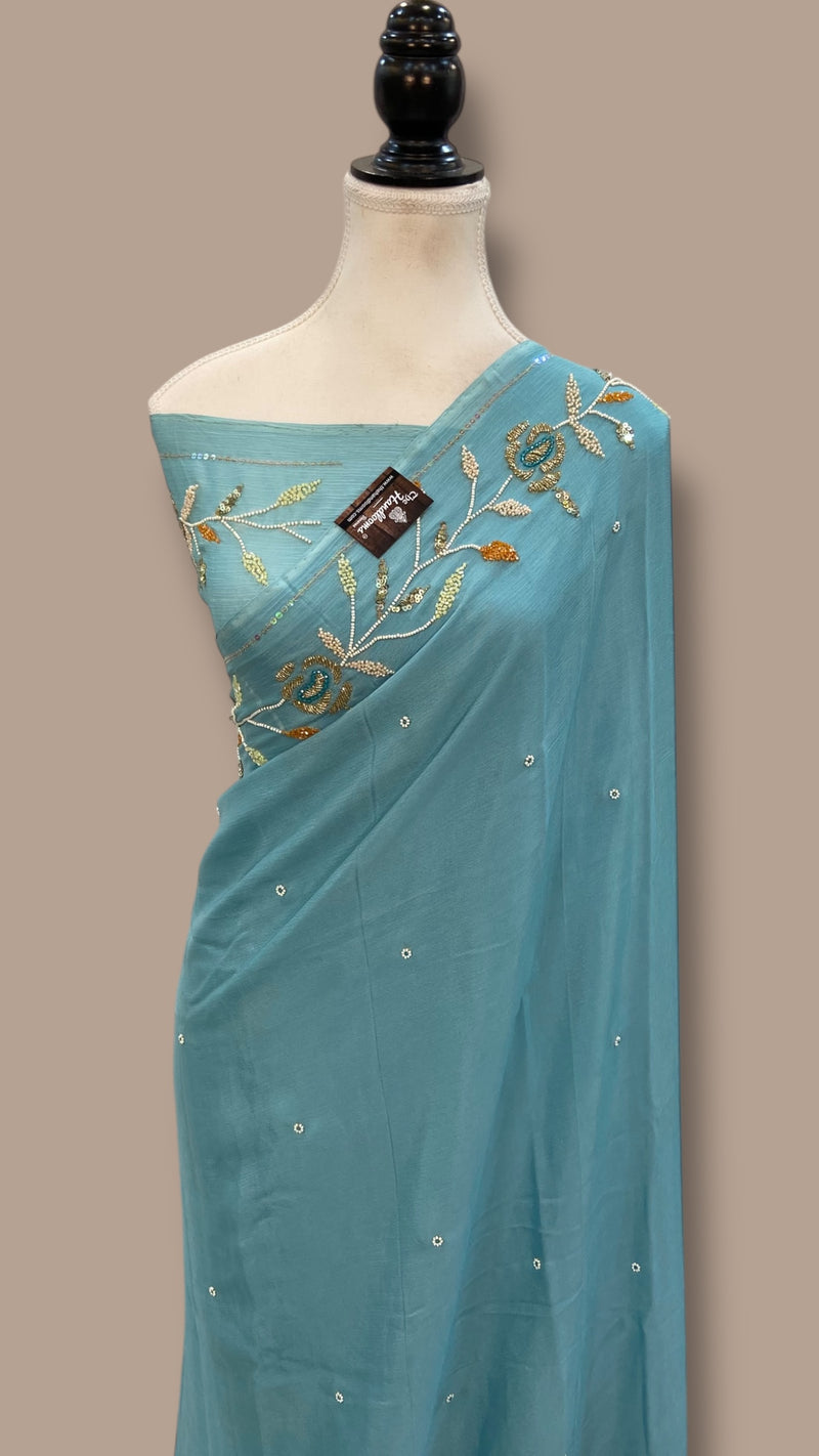 Pure Georgette Handloom Banarasi Saree with Handwork: Zardozi, Diamond Chain and Katdana - The Handlooms