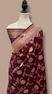 Wine Maroon Pure Chiniya Silk Khaddi Handloom Banarasi Saree - The Handlooms