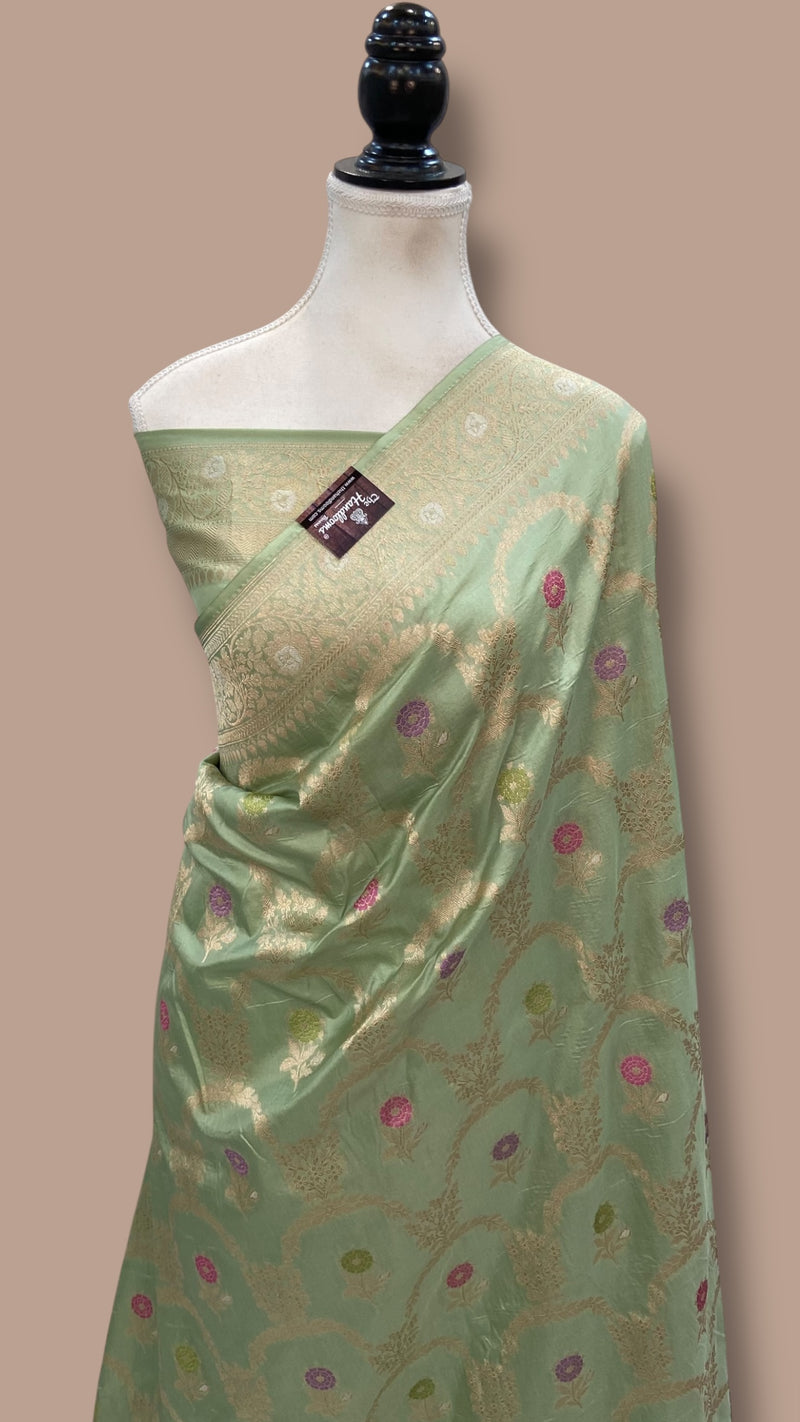 Pista Pure Katan Silk Banarasi Handloom Saree - All Over Jaal Work - With Meenakari - The Handlooms