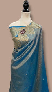 Sky Blue Pure Kora Tissue Handloom Banarasi Saree - Handwork - The Handlooms