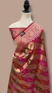 Multicolor Pure Katan Silk Banarasi Handloom Saree - All over Jaal Work With Rangkart - The Handlooms