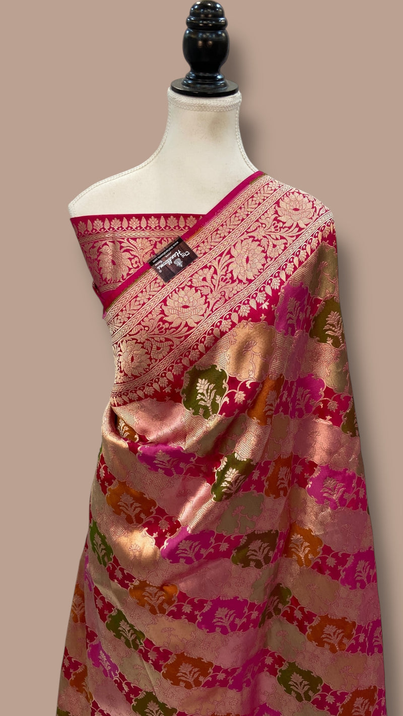 Multicolor Pure Katan Silk Banarasi Handloom Saree - All over Jaal Work With Rangkart - The Handlooms