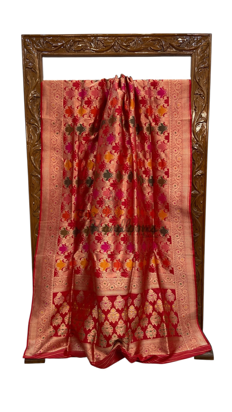 Multicolor Pure Katan Silk Banarasi Handloom Saree - All over Jaal Work With Rangkart - The Handlooms