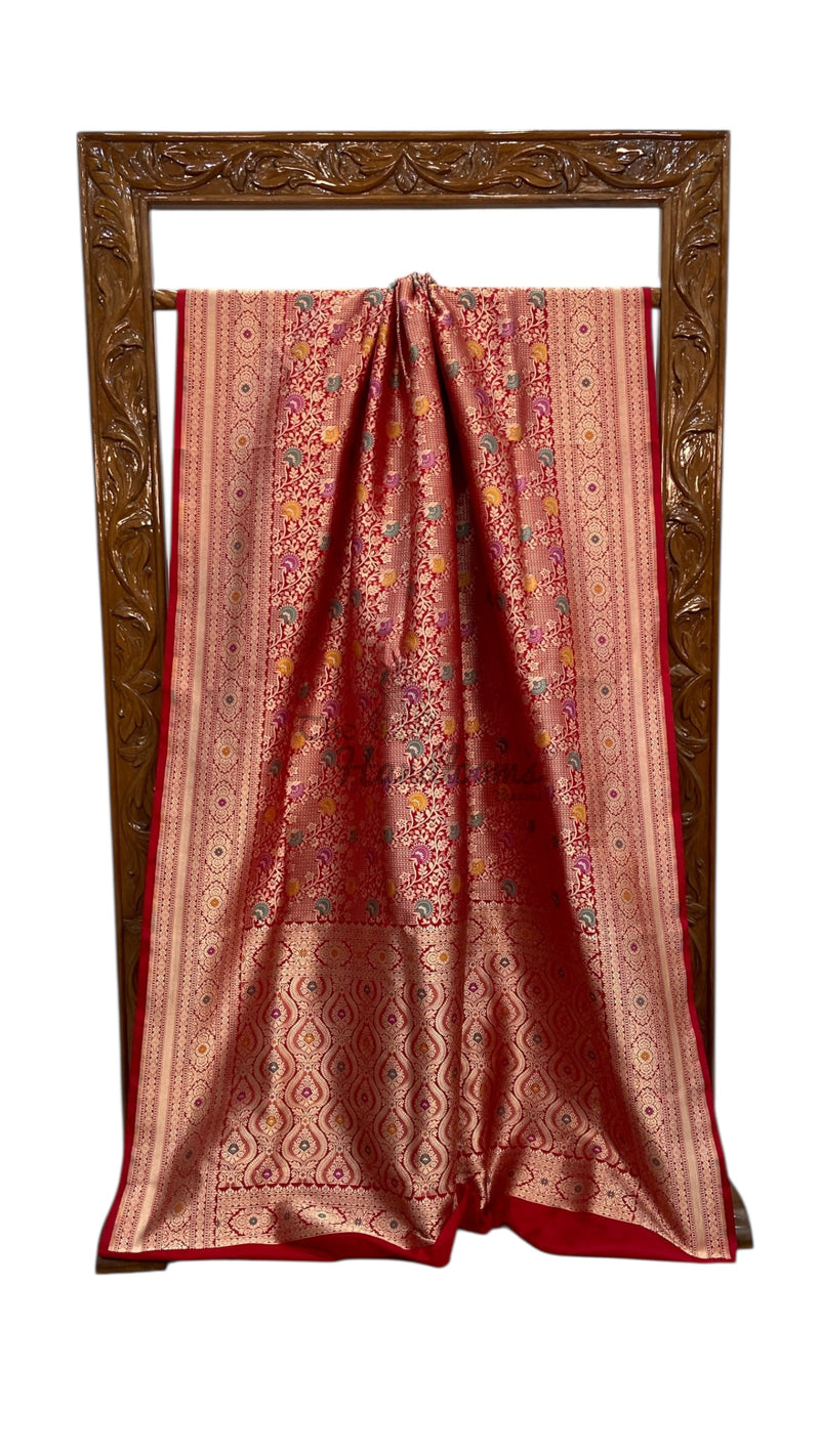 Regal Pure Katan Silk Banarasi Saree – Handwoven Tanchui Brocade with Meenakari Work - The Handlooms