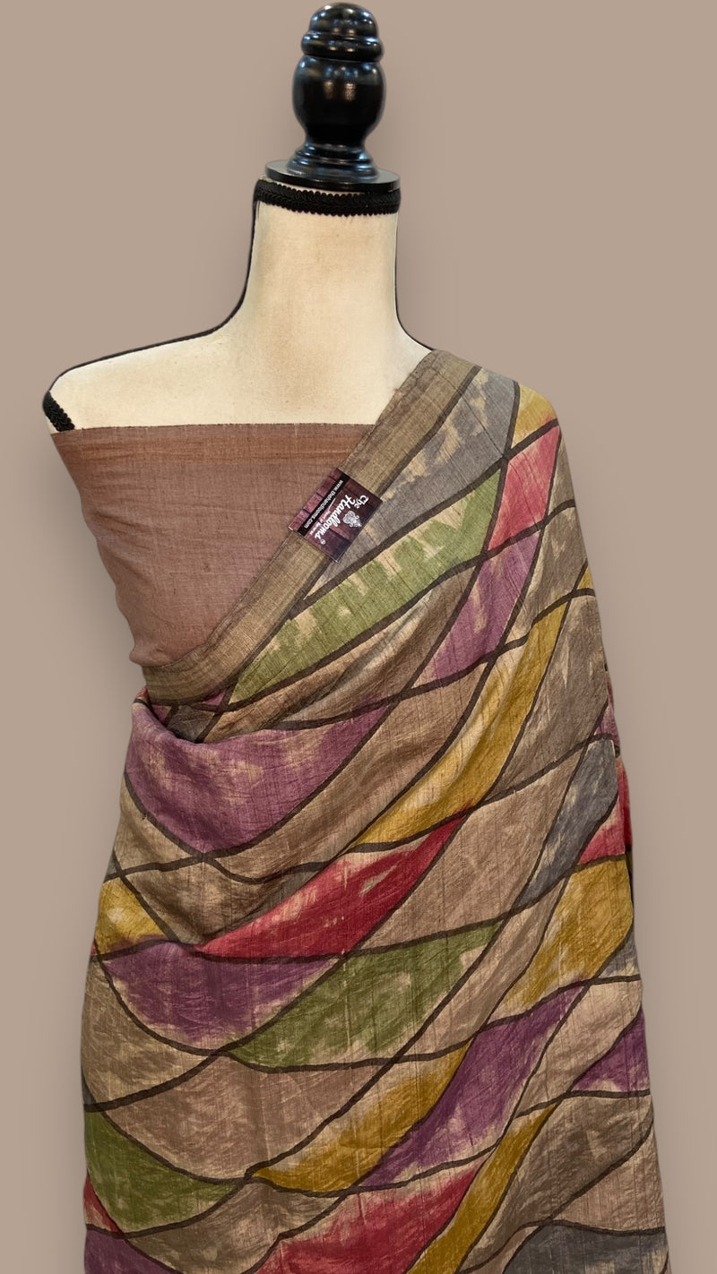 Pure Tussar Silk Handloom Banarasi Saree With Handprints - The Handlooms