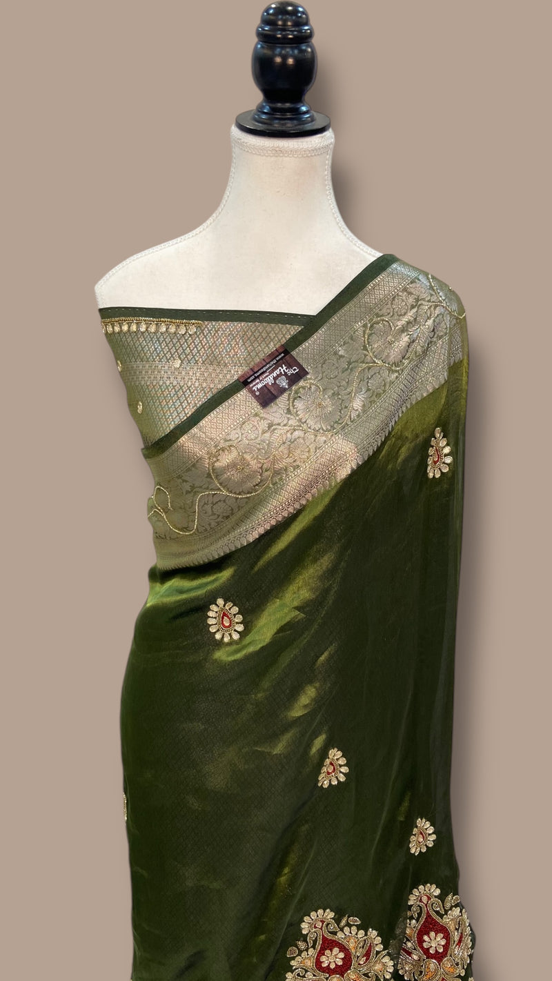 Pure Kora  Handloom Banarasi Saree with zardosi and cut dana Handwork - The Handlooms