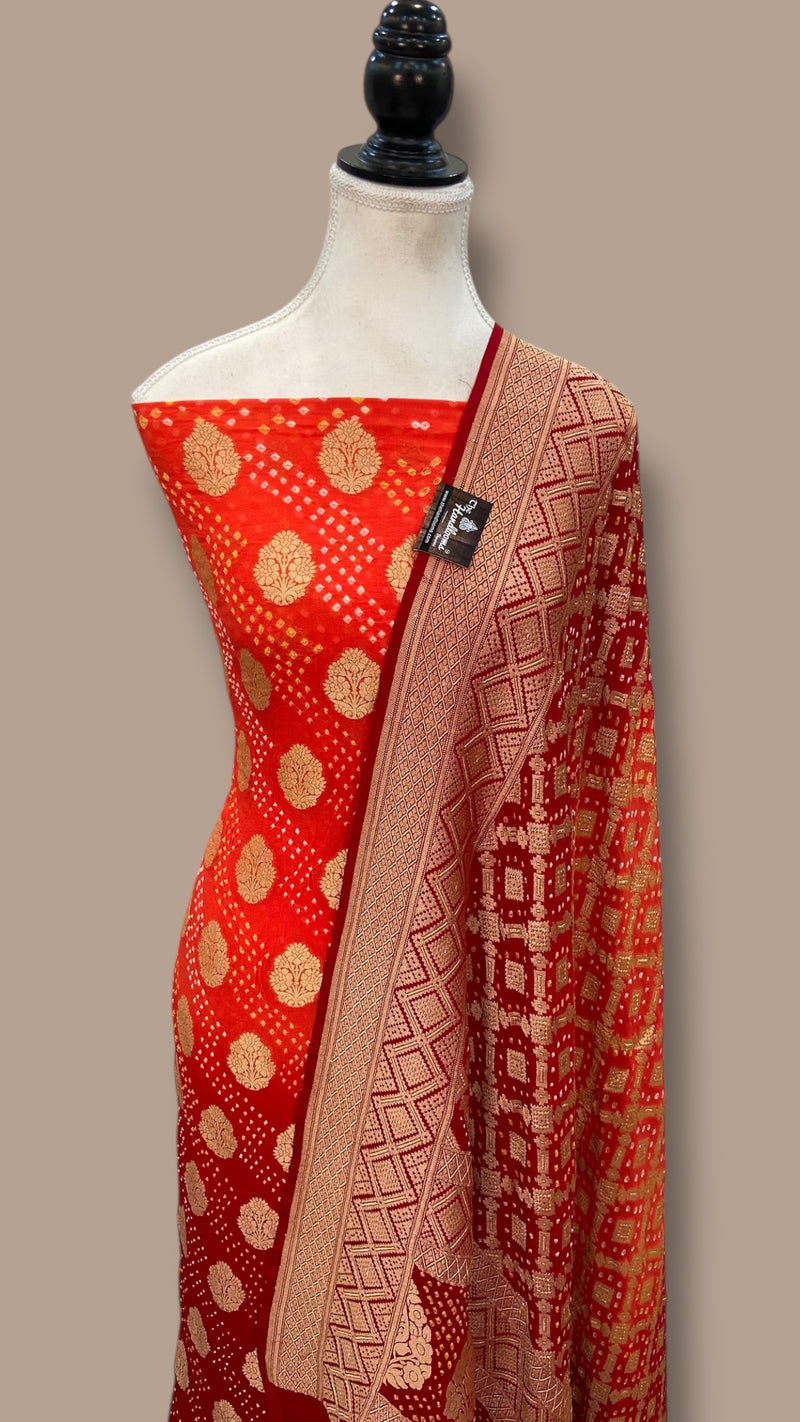 Pure Khaddi Georgette Bandhej Banarasi Dress material - The Handlooms