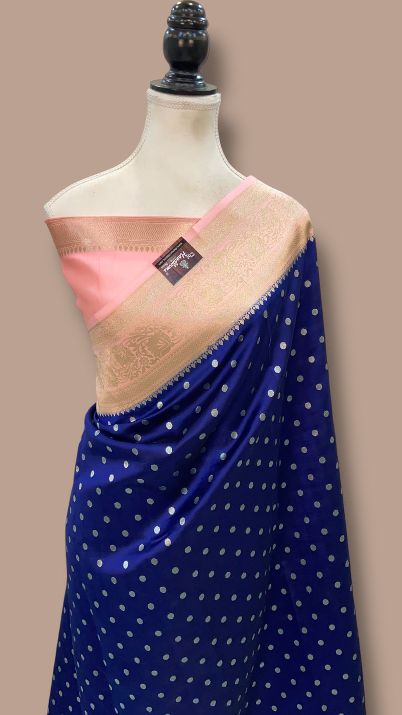 Royal Blue With  Soft Peach Pink Pure Chiniya Silk Khaddi Handloom Banarasi Saree - The Handlooms