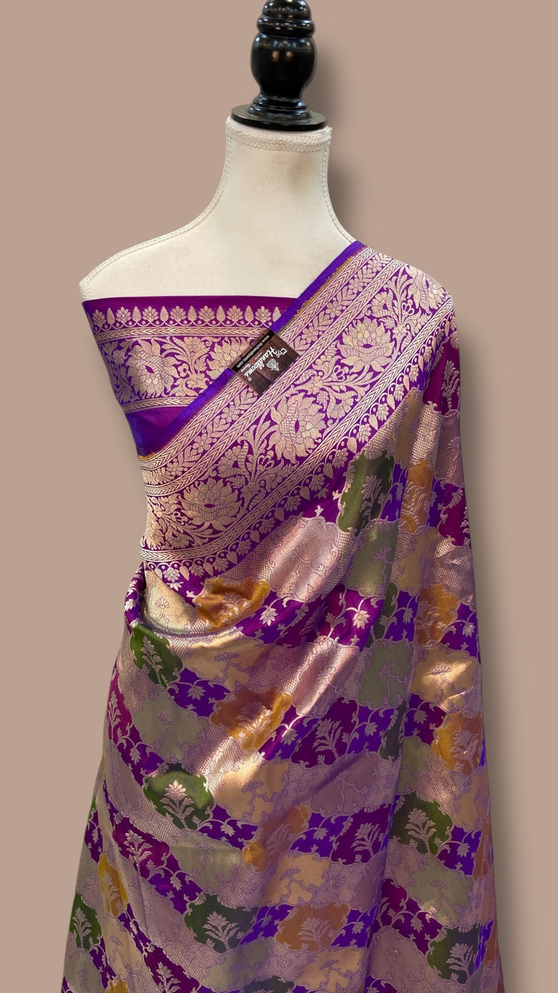 Multicolor Pure Katan Silk Banarasi Handloom Saree - All over Jaal Work With Rangkart - The Handlooms