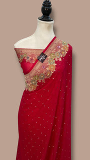 Hot Pink Khaddi Georgette Handloom Banarasi Saree with Handwork: Gota Patti, Zardozi, Diamond Chain, Katdana, and Abla Detailing - The Handlooms