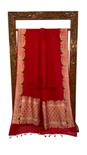 Red Pure Khaddi Georgette Handloom Banarasi Saree with water zari - The Handlooms