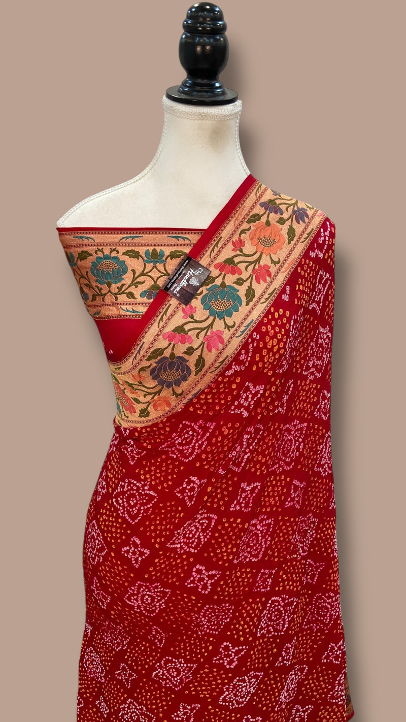 Pure Georgette Banarasi Bandhej Handloom Saree - Tilfi Meenakari - The Handlooms
