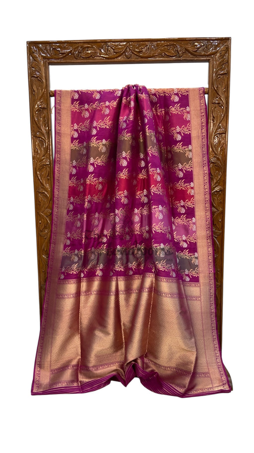 Multicolor Pure Katan Silk Banarasi Handloom Saree - All over Jaal Work With Rangkart - The Handlooms