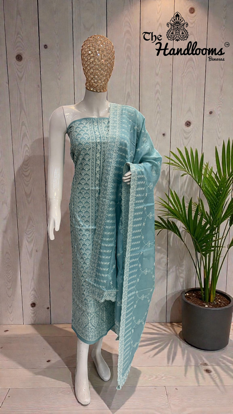 Pure Tussar Chikankari Handloom Banarasi Dress Material - The Handlooms