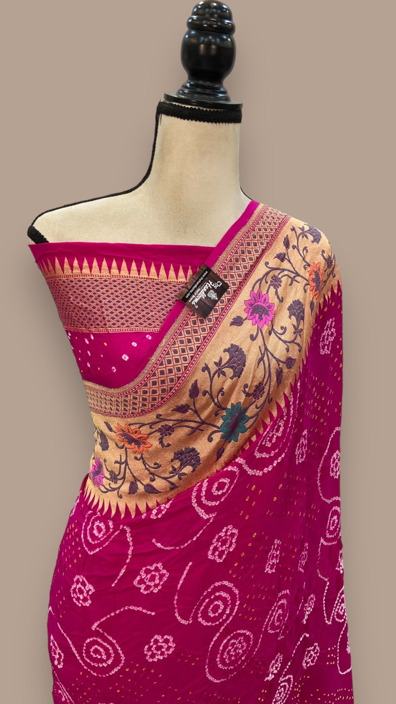 Pure Georgette Banarasi Bandhej Handloom Saree - with meenakari work - The Handlooms