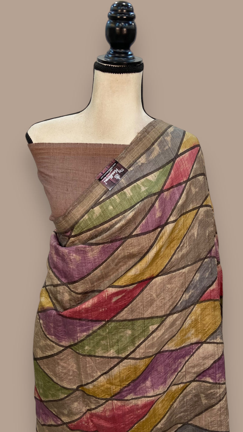 Pure Tussar Silk Handloom Banarasi Saree With Handprints - The Handlooms