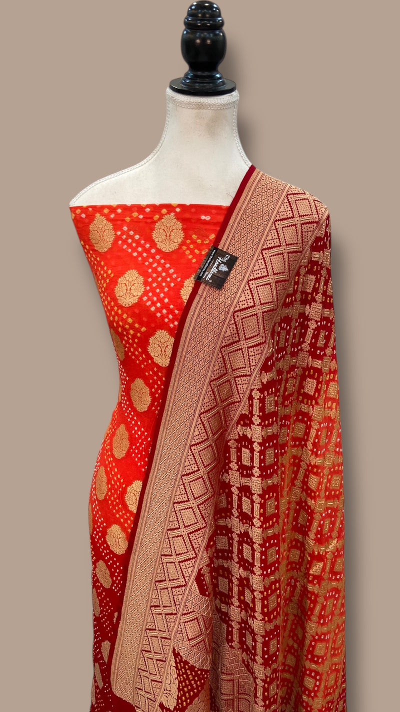 Pure Khaddi Georgette Bandhej Banarasi Dress material - The Handlooms