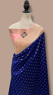 Royal Blue With  Soft Peach Pink Pure Chiniya Silk Khaddi Handloom Banarasi Saree - The Handlooms