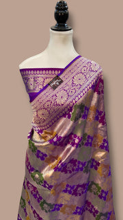 Multicolor Pure Katan Silk Banarasi Handloom Saree - All over Jaal Work With Rangkart - The Handlooms