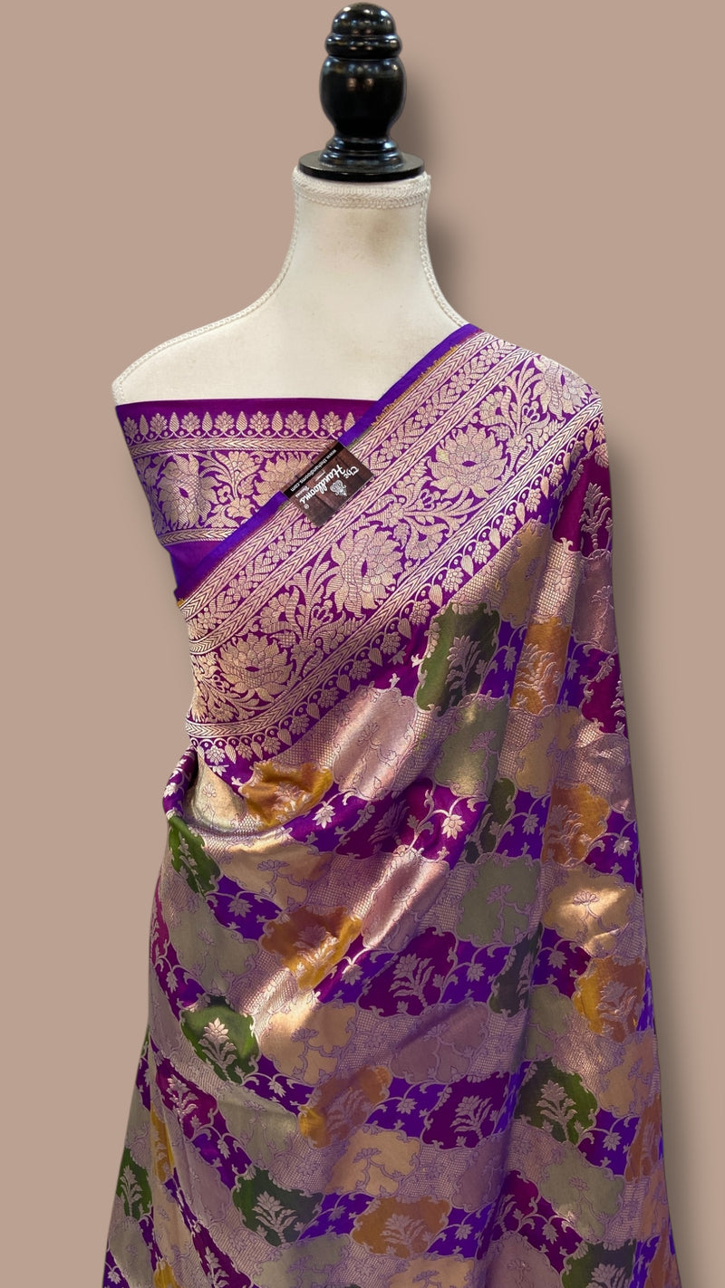 Multicolor Pure Katan Silk Banarasi Handloom Saree - All over Jaal Work With Rangkart - The Handlooms