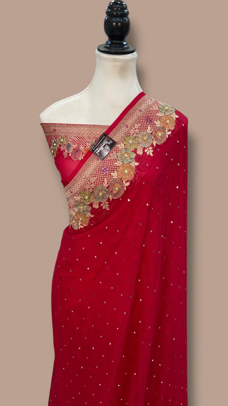 Hot Pink Khaddi Georgette Handloom Banarasi Saree with Handwork: Gota Patti, Zardozi, Diamond Chain, Katdana, and Abla Detailing - The Handlooms