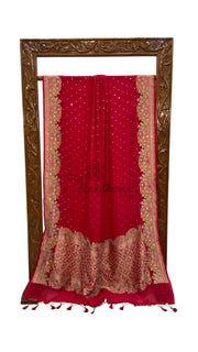 Hot Pink Khaddi Georgette Handloom Banarasi Saree with Handwork: Gota Patti, Zardozi, Diamond Chain, Katdana, and Abla Detailing - The Handlooms