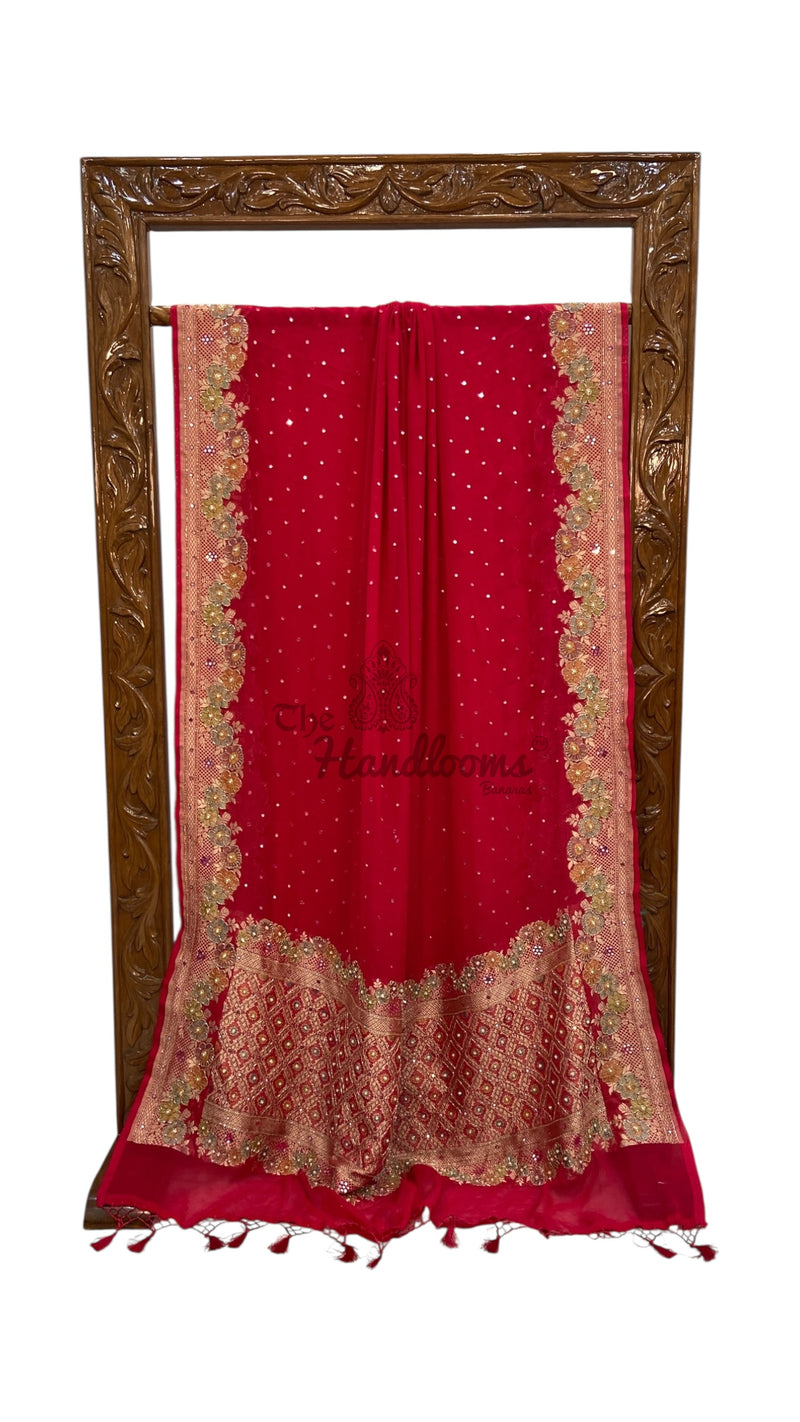 Hot Pink Khaddi Georgette Handloom Banarasi Saree with Handwork: Gota Patti, Zardozi, Diamond Chain, Katdana, and Abla Detailing - The Handlooms