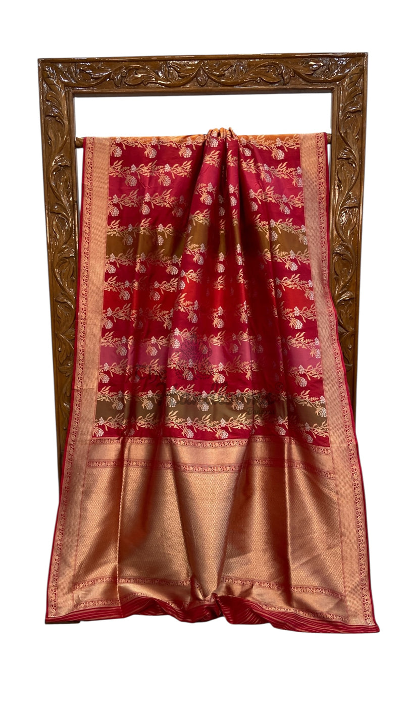 Multicolor Pure Katan Silk Banarasi Handloom Saree - All over Jaal Work With Rangkart - The Handlooms