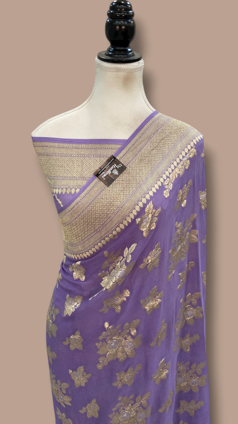 Khaddi Georgette Handloom Banarasi Saree - All Over Sona Roopa Jaal Work - The Handlooms