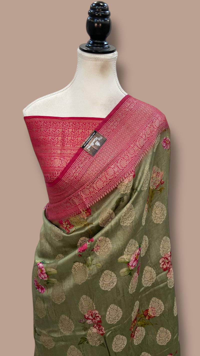 Pure Chiniya Silk Handloom Banarasi Saree Digital Print - The Handlooms