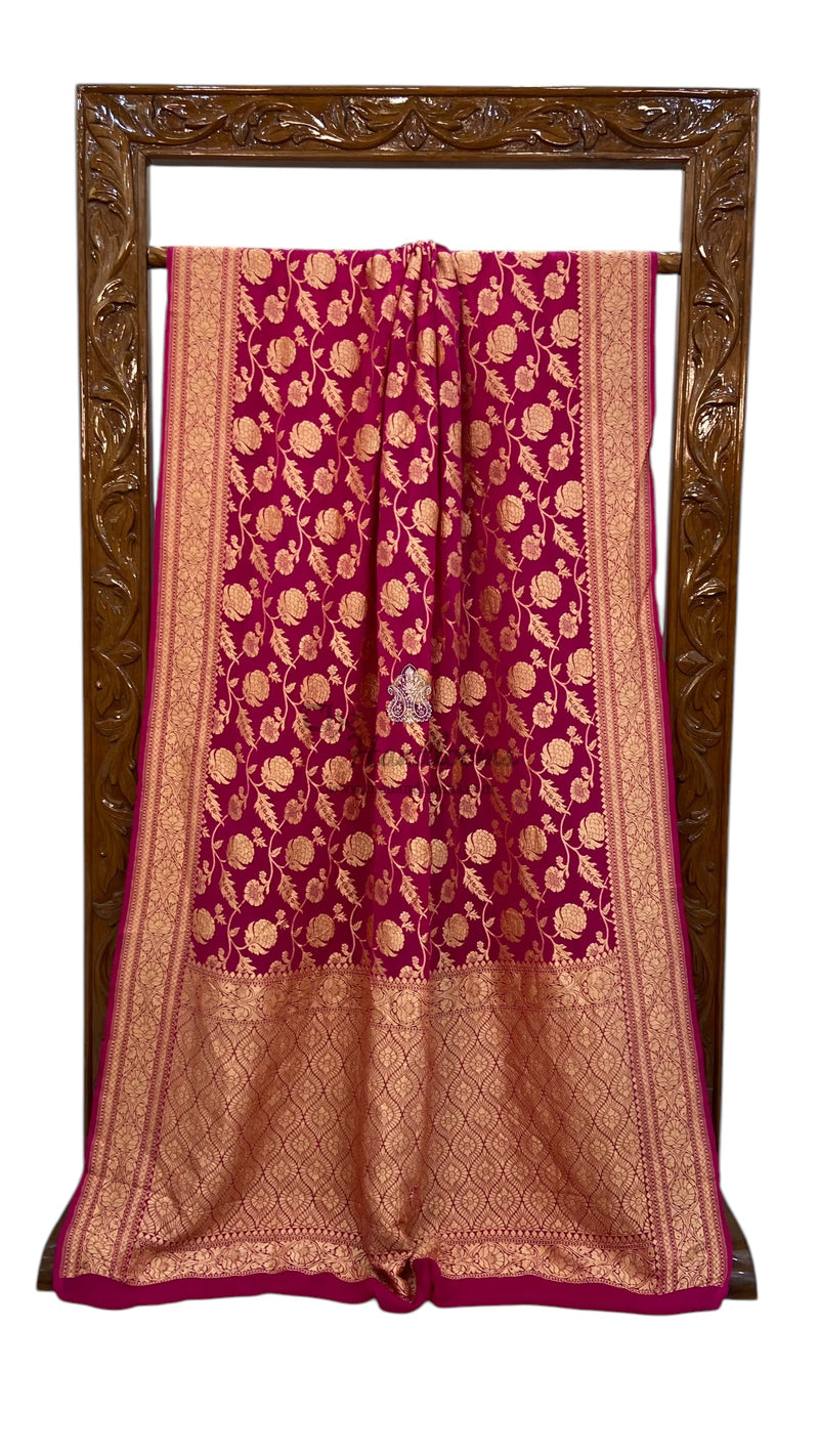 Magenta Pink Pure Khaddi Georgette Handloom Banarasi Saree - The Handlooms
