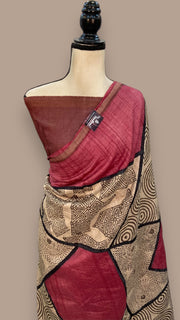 Pure Tussar Silk Handloom Banarasi Saree With Handprints - The Handlooms