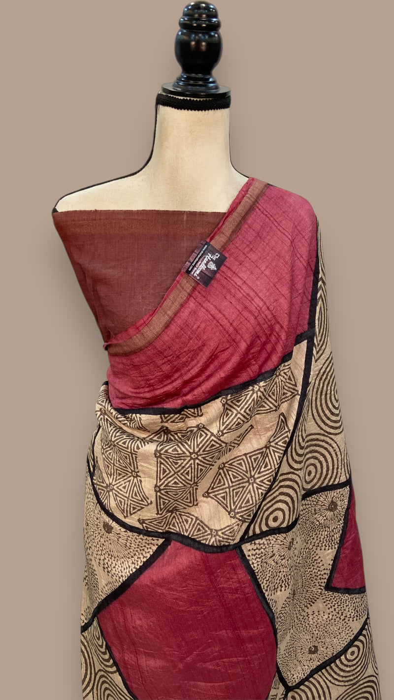 Pure Tussar Silk Handloom Banarasi Saree With Handprints - The Handlooms